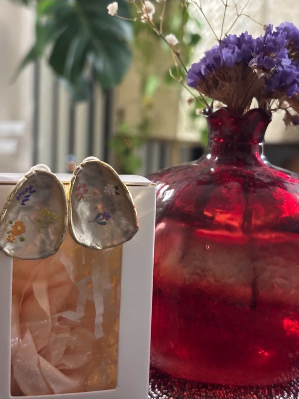 Hand-Painted Shell Drop Earrings with Floral Detail - Pearl Tones